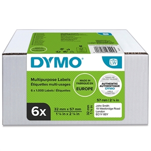 Dymo Label Multi 32 x 57 mm verwijderbaar wit, 6 x 1000 stuks.