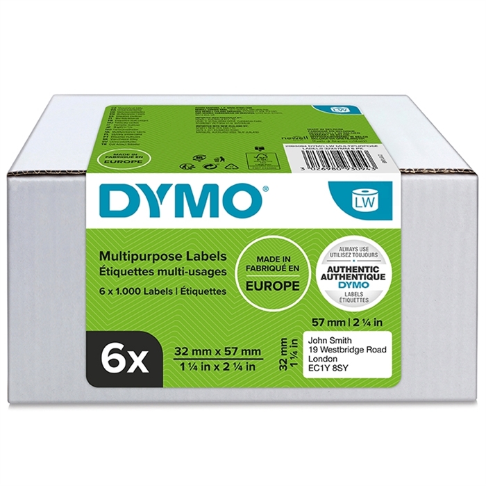 Dymo Label Multi 32 x 57 mm verwijderbaar wit, 6 x 1000 stuks.