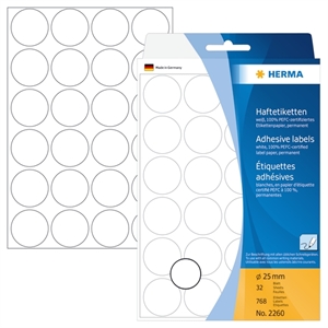 HERMA handmatig etiket, ø25 mm, wit, 768 stuks.