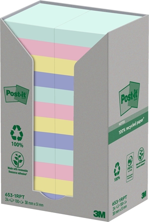 3M Post-it Gerecycled mixkleuren 38 x 51 mm, 100 vellen - 24 verpakking