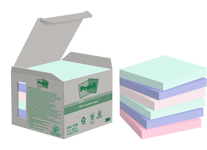 3M Post-it Gerecycled, verschillende kleuren, 76 x 76 mm, 100 vel - 6 stuks