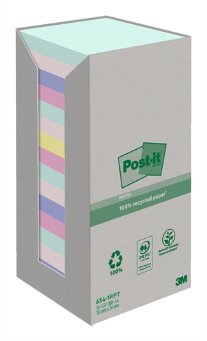3M Post-it Gerecyclede mix kleuren 76 x 76 mm, 100 vellen - 16 stuks