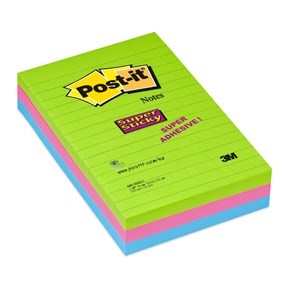 3M Post-it notities super plakkerig 102 x 152 mm, gelinieerd in neonkleuren - 3 pak