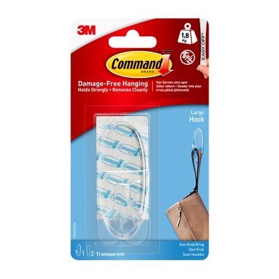 3M Command doorzichtige grote haak 1,8 kg, 1 haak, 2 strips