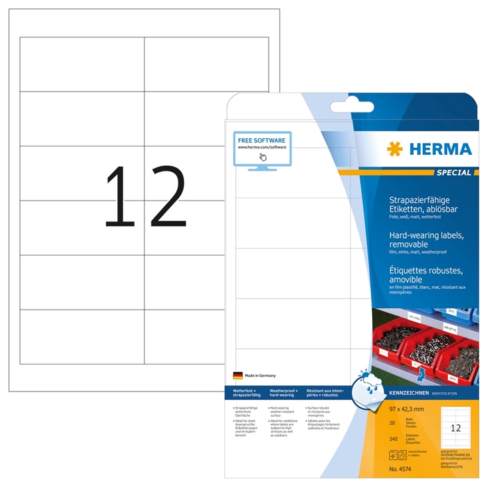 HERMA etiket, afneembaar waterafstotend, 97 x 42,3 mm, 240 stuks.