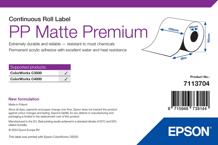 Epson PP Matte Label Premium, Continu Rol, 105mm x 29m