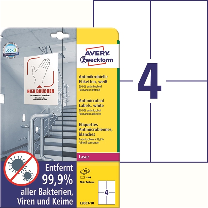 Avery Antimicrobiële labels 105 x 148 wit mm, 40 stuks.