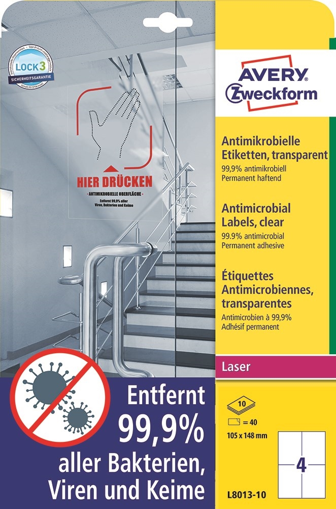 Avery Antimicrobiële etiketten 105 x 148 transparant mm, 40 stuks.