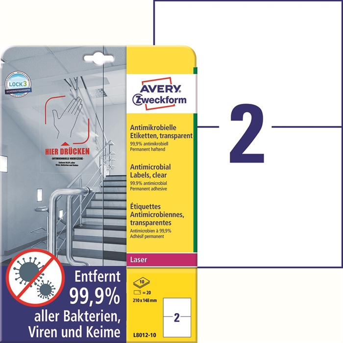 Avery Antimicrobiële labels 210 x 148 doorzichtig mm, 20 stuks.