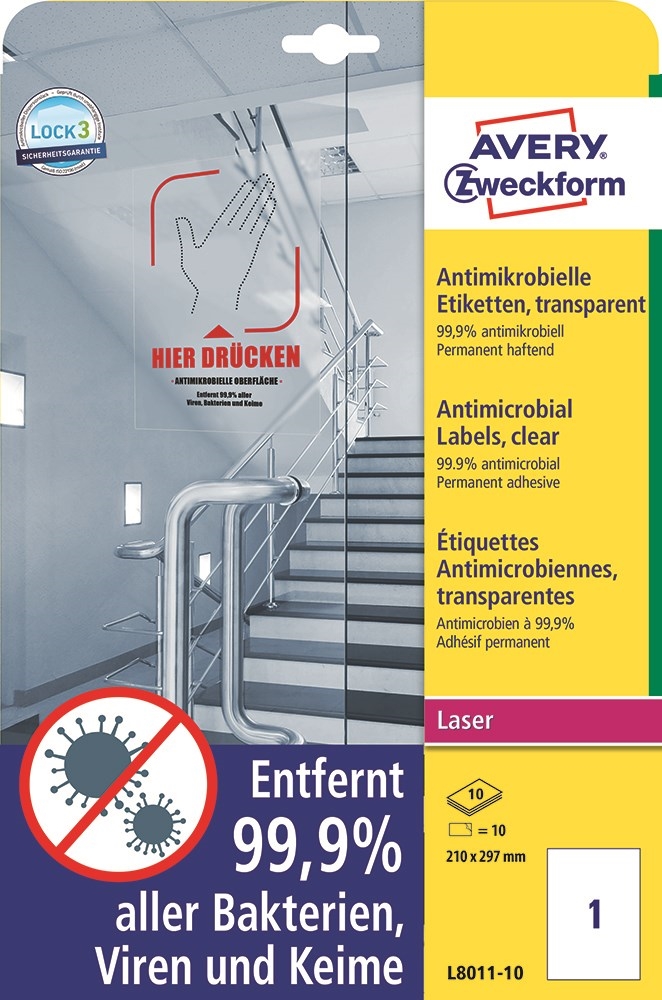 Avery Antimicrobiële labels 210 x 297 transparant mm, 10 stuks.