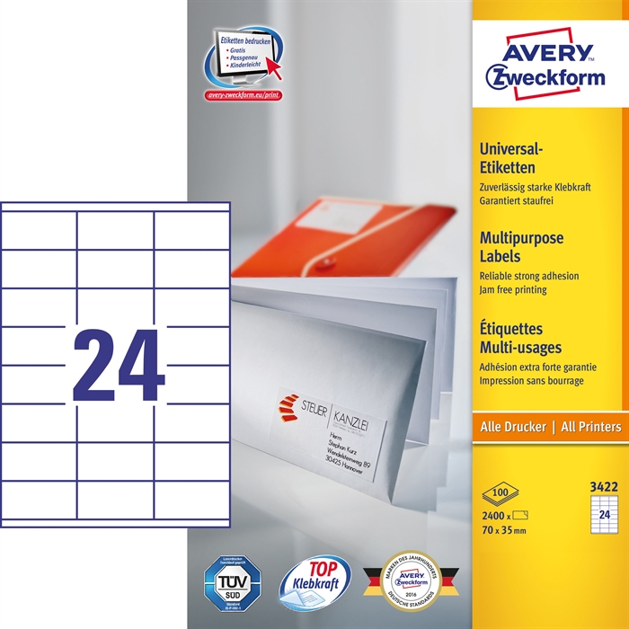 Avery ILC universeel etiket 70 x 35 mm, 2400 stuks.