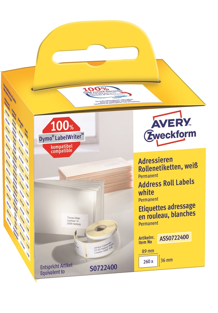 Avery adreslabels op rol 89 x 36 mm, 260 stuks.