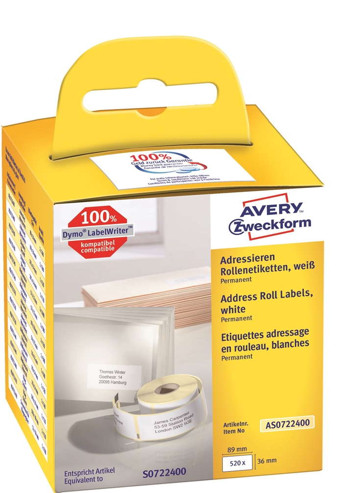 Avery adreslabels op rol 89 x 36 mm, 2 x 260 stuks.