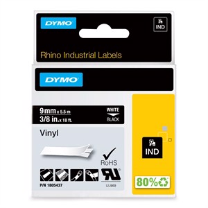 Tape de Rhino 9 mm x 5,5 m vinyl wit op zwart