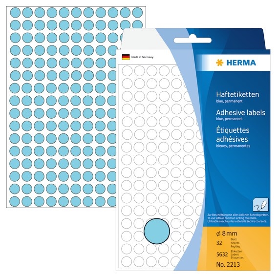 HERMA handmatige etiketten ø8 blauw mm, 5632 stuks.