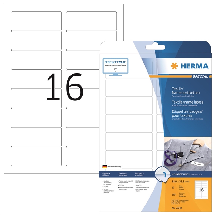 HERMA naam/kledinglabel verwijderbaar 88,9 x 33,8 mm, wit, 160 stuks.