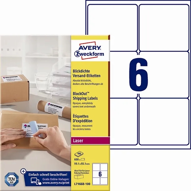 Avery adreslabel 99,1 x 93,1 mm BlockOut mm, 600 stuks.