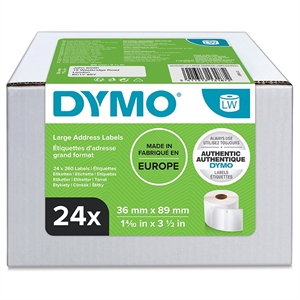 Dymo Label Adressen 36 x 89 mm, permanent wit, 24 rollen van 260 etiketten per stuk.